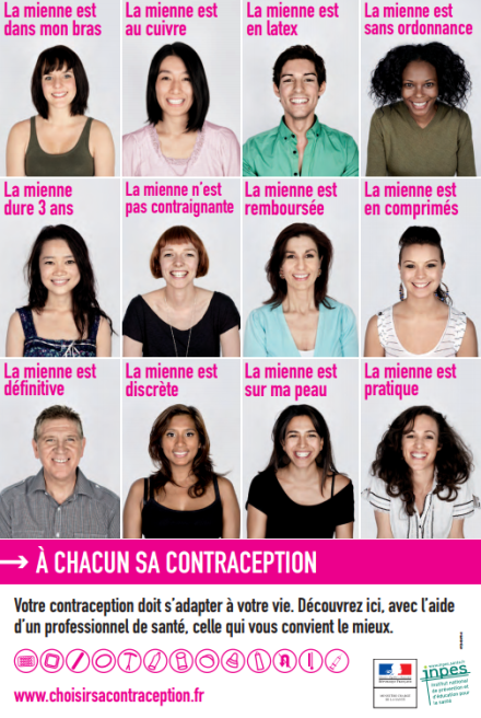 Information poster about different birth control methods (including official website to learn more). This poster is commonly displayed in GP's waiting rooms in France.